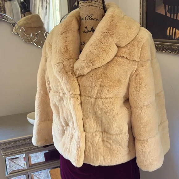 Genuine Rex Rabbit Fur Designer Trilogy cropped jacket coat S M ivory tan cream - Picture 2 of 11